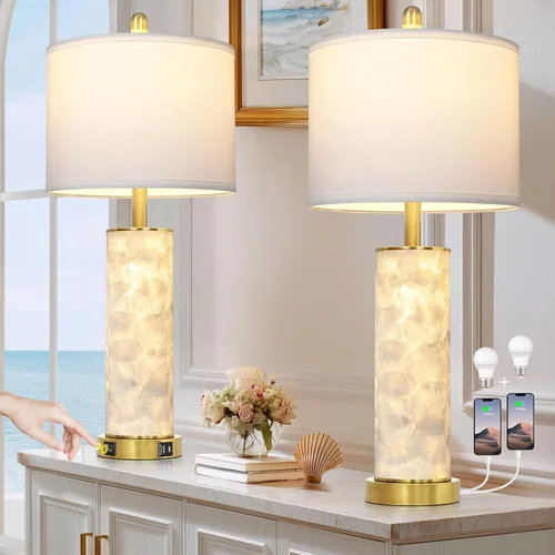 Vista 17 de Lámparas de mesa costeras de 28 pulgadas para sala de estar, lámparas de noche con luz nocturna, puertos USB A+C, moderna concha de mar