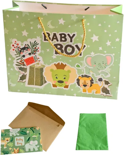 Vista 8 de DiffyGo Bolsa de regalo de bebé grande de 13 pulgadas para baby shower con papel de seda y tarjeta (azul)