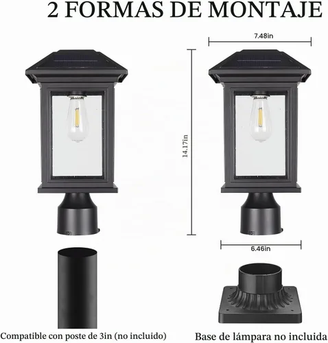 Vista 2 de Luces de poste solares para exteriores, lámparas de poste negro impermeables y antioxidantes con vidrio transparente, lámpara LED alimentada por