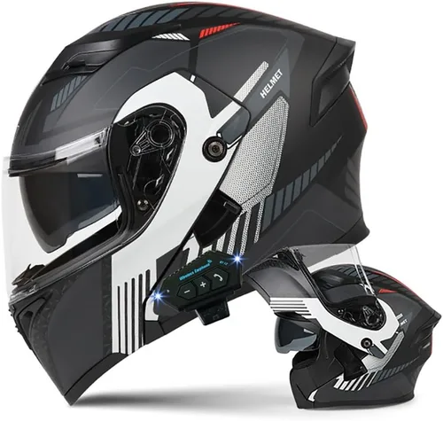 Vista 18 de Casco de motocicleta modular Bluetooth con aprobación DOT, antiempañamiento, doble visera, cara completa, abatible, con altavoz y micrófono