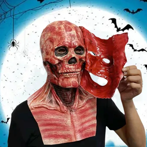 Vista 2 de Máscara de payaso que cambia la cara de Halloween, casco de payaso aterrador de boca movible, casco de calavera de doble cara, accesorios