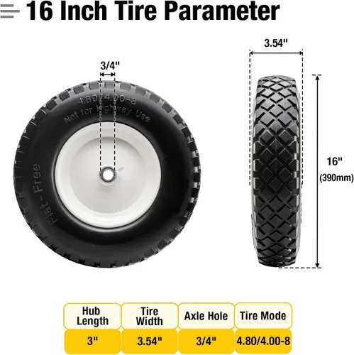 Vista 2 de 16" Neumático plano sin cámara de PU 4.80/4.00-8" sólido con rodamiento de bolas de 3/4" y cubo central de 3"-8", rueda universal para carretilla