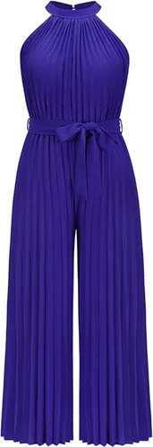 Vista 3 de Hugncmy Women Casual Solid Neck Hanging Sleeveless Pleated Jumpsuit Backless Button Belt Animal Pajama Jumpsuits for