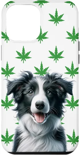 Vista 6 de iPhone 15 Black Border Collie Hemp Leaf Green & White Pattern Case