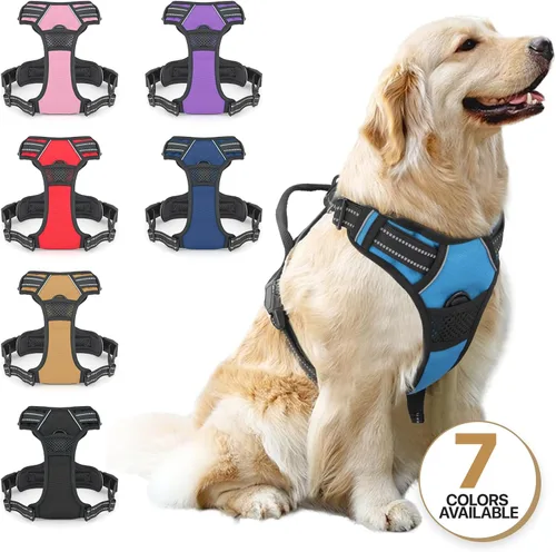 Vista 9 de Arnés reflectante para perro, arnés de chaleco sin tirones con asa, arnés ajustable y acolchado suave para mascotas para perros grandes, azul cielo