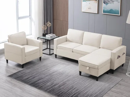 Vista 8 de PUREMIND Juego de sofá de 2 piezas, moderno juego de sofá y silla en forma de L de lino con otomana de almacenamiento y bolsillo lateral, sofás