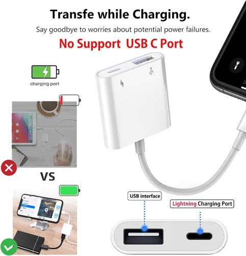 Vista 5 de KikoSaka Adaptador Lightning a USB para cámara para iPhone con puerto de carga Lightning Cable OTG USB 3.0 hembra Teclado Mouse Sin soporte para USB