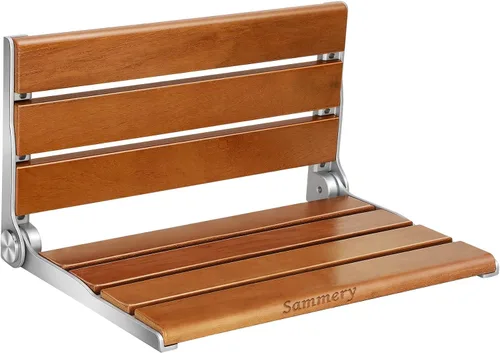 Vista 9 de Asiento de ducha plegable de teca, montado en la pared, banco plegable para espacios pequeños, carga máxima de 380 libras