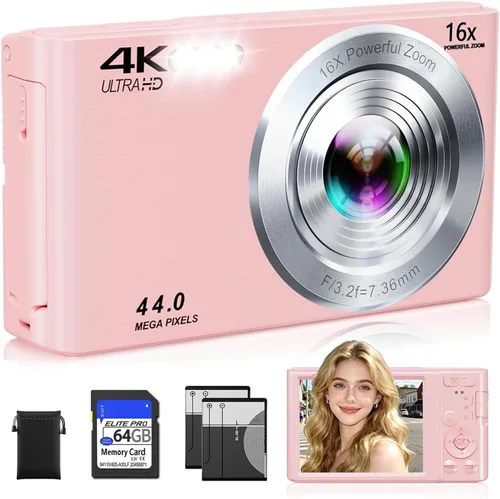 Vista 13 de Cámara digital 4K, cámara digital compacta digital de enfoque automático, zoom digital de 16X, cámara de viaje mejorada con tarjeta SD de 64 GB, 2