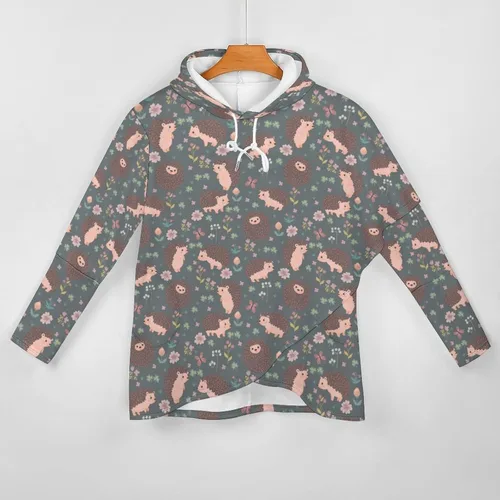 Vista 2 de Lindas sudaderas con capucha con patrón de erizo y flores para mujer, sudadera sin botones con bolsillo