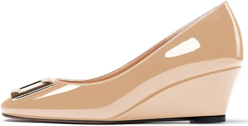 Vista 2 de WAYDERNS Zapatos de vestir de noche de tacón bajo con hebilla de metal dorado y puntera cuadrada para mujer, zapatos de vestir de noche de 2 pulgadas