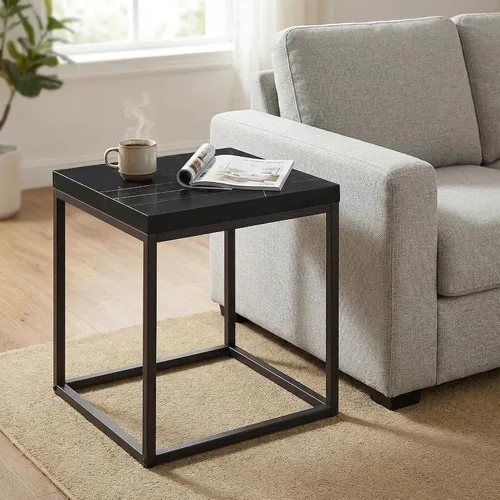 Vista 4 de Mesa auxiliar cuadrada moderna de mármol negro de 18 pulgadas CENSI Parte superior de madera extra gruesa de 1.6", marco de metal, mesita de noche