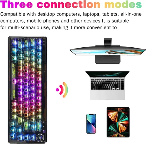 Vista 3 de CHICHEN 60% Portable Mechanical Gaming Keyboard,Hot-swappable RGB Backlit Compact 68 Clear Keycaps,2.4Ghz WirelessBluetoothUSB-C,Transparent Gasket
