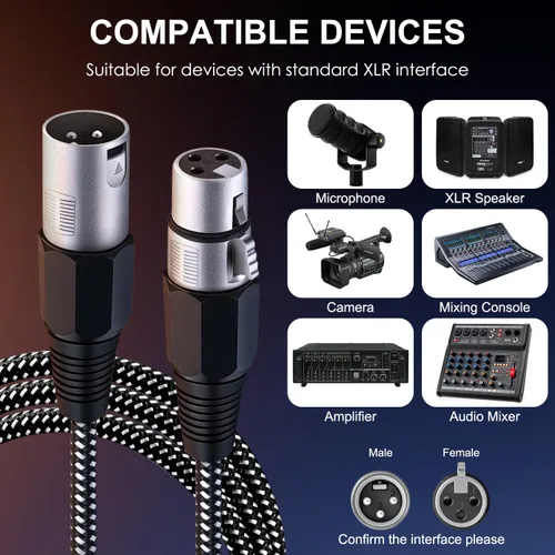 Vista 7 de Cable XLR de 3 pies/2 unidades, cable de micrófono Nylong trenzado equilibrado XLR macho a hembra, cables de conexión de micrófono de alta
