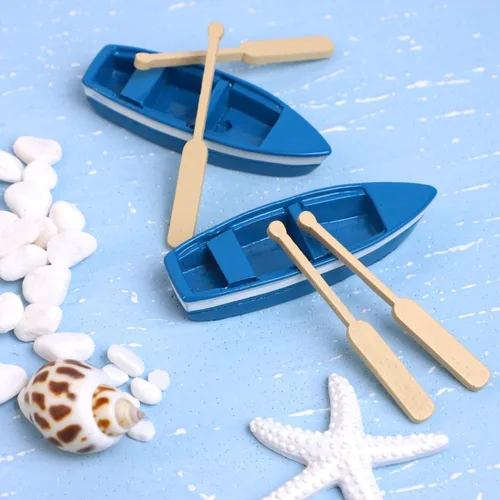 Vista 7 de Framendino, 2 juegos de mini bote de remos pequeño barco de madera con remos para accesorios de jardín de hadas