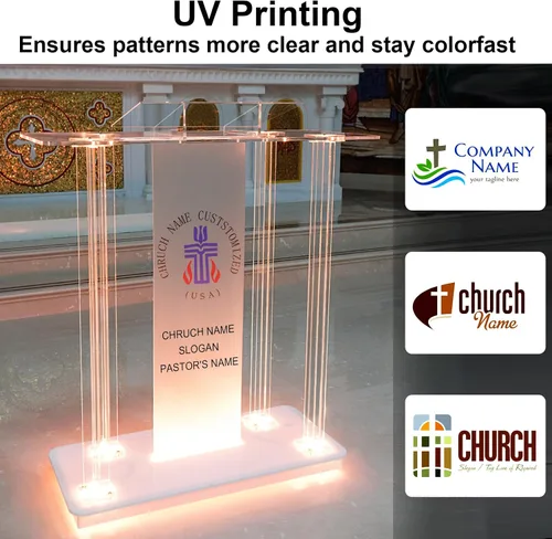 Vista 3 de Púlpito de iglesia personalizado para texto y logotipo de iglesias, podio acrílico con luces LED, podio con ruedas y plataforma de lectura