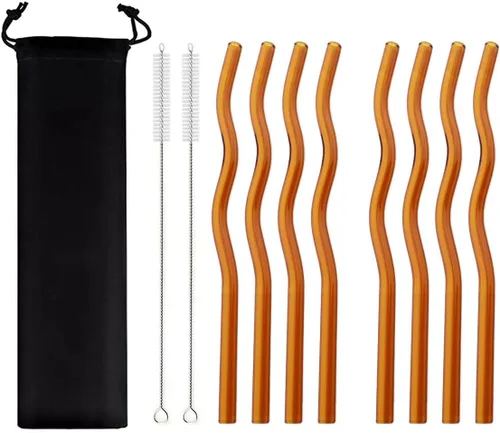Vista 13 de JASHII Pajitas de vidrio ondulado negro – 8 piezas, 7.87 x 0.31 pulgadas, reutilizables con bolsa negra, multicolor para beber bebidas