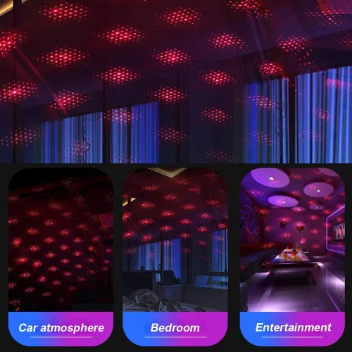 Vista 4 de Lámpara USB de Noche, Proyector de Estrellas, Luz Nocturna Ajustable, Luces Interiores Románticas en Rojo para Auto, Luces de Techo Portátiles