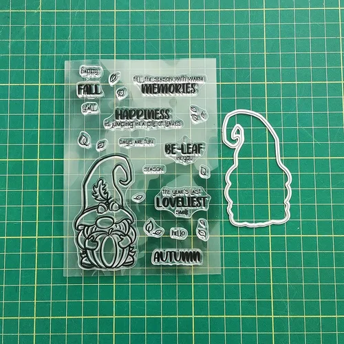 Vista 3 de Juego de sellos y troqueles transparentes de gnomo de otoño para hacer tarjetas, plantillas cortadas para álbumes de recortes, álbum de fotos, papel