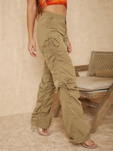 Vista 4 de MakeMeChic Pantalones casuales con cintura elástica recortada con cordón lateral para mujer
