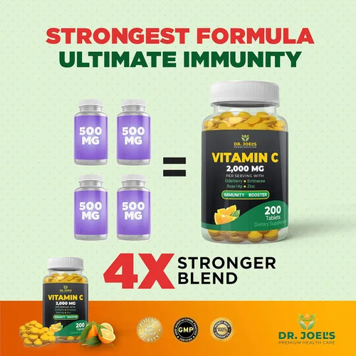 Vista 4 de Dr. JOEL'S Vitamina C de apoyo inmunológico 2000 mg - 200 tabletas - con zinc, saúco, rosa mosqueta, equinácea - Impulsa el sistema inmunológico