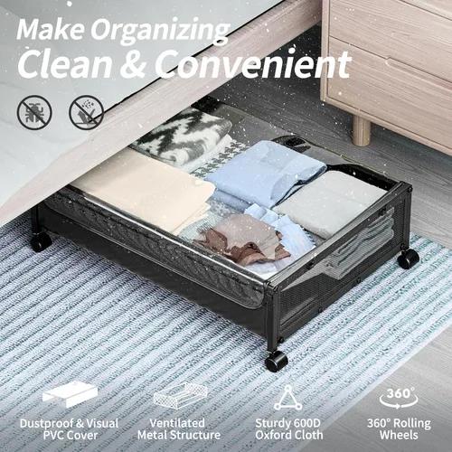 Vista 5 de Contenedores de almacenamiento debajo de la cama con ruedas, paquete de 2 cajones y contenedores organizadores de metal rodante para zapatos, ropa