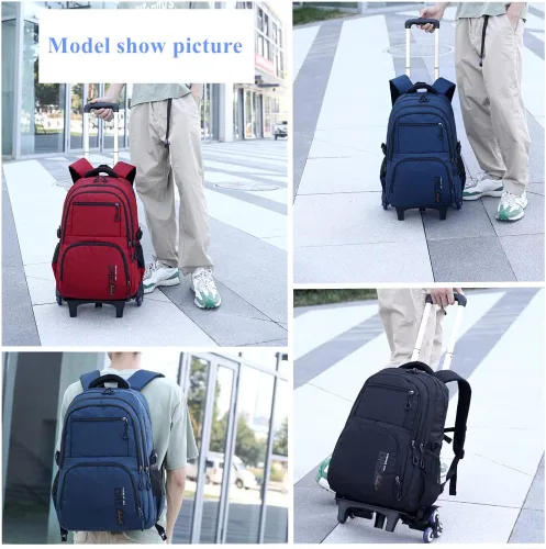Vista 7 de EKUIZAI Bolsas de carretilla de color sólido Mochila para niños de escuela secundaria, escuela primaria, mochila rodante al aire libre, Gris