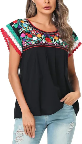 Vista 4 de YZXDORWJ Blusa tradicional colorida con encaje bordado mexicano para mujer, camiseta tricolor para el día de la independencia mexicana