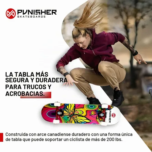 Vista 2 de Punisher Monopatín para niñas completo con rodamientos ABEC-7 de arce canadiense ABEC-7 de 31.5 x 7.75 pulgadas