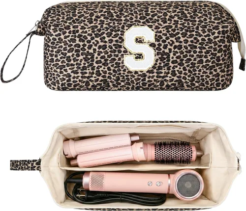 Vista 13 de Bolsa de viaje para herramientas para el cabello con inicial compatible con Estampado de leopardo