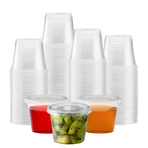 Vista 10 de TashiBox Juego de 100 vasos de plástico desechables con tapas, vasos de chupito de gelatina para soufflé