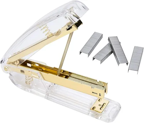 Vista 2 de FIDGET PENCIL - Engrapadora de escritorio dorada con 1000 grapas plateadas, suministros de oficina escolar, accesorio de escritorio (dorado)