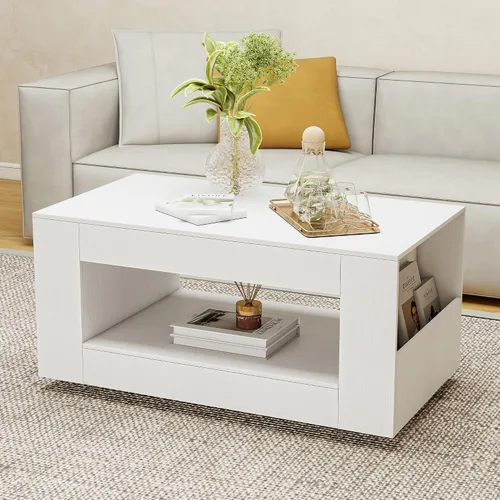 Vista 8 de Mesa de centro de grano de madera con estante abierto, mesa de cóctel moderna de alto brillo para sala de estar, dormitorio, oficina