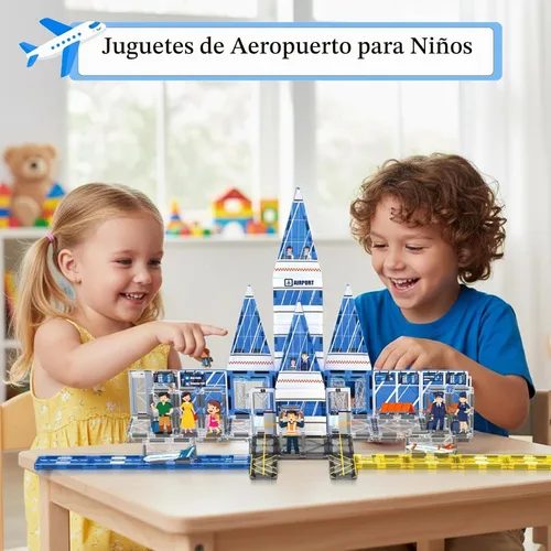 Vista 5 de AFUNX - Azulejos magnéticos, set de 54 piezas con tema de aeropuerto, bloques de construcción magnéticos y juguetes educativos STEM para niños