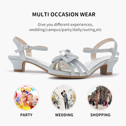 Vista 6 de Sandalias para niñas, zapatos de vestir para fiesta de boda, puntera abierta, tacones altos con purpurina para niños pequeños y grandes