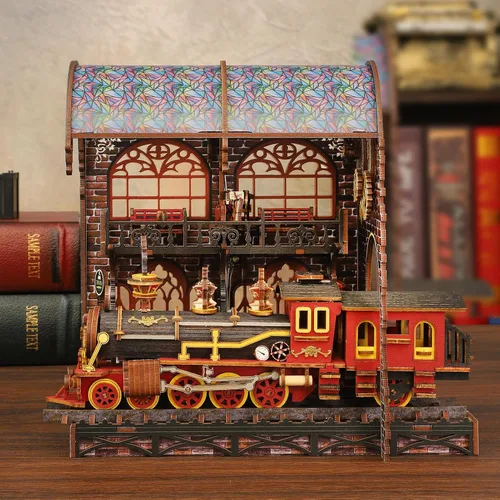 Vista 2 de Kit de rincón de libros, kit de bricolaje en miniatura de casa de muñecas con tren de vapor, rompecabezas de madera 3D para colgar libros con LED