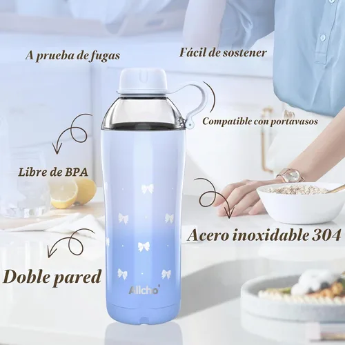 Vista 5 de Bow - Botella de agua aislada para mujeres, botellas de agua de acero inoxidable de 18 oz, de doble pared, 2 tapas (para beber y vaso) - Hidrata