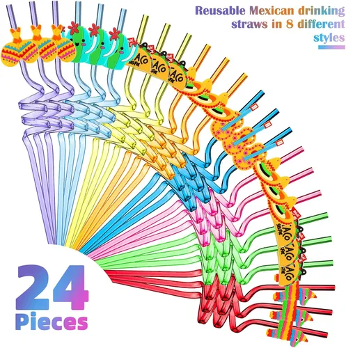 Vista 3 de 24 popotes de plástico reutilizables para fiesta de Cinco de Mayo, regalos de fiesta de cinco de mayo, decoraciones de cumpleaños, 8 estilos