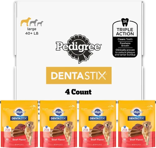 Vista 20 de Pedigree Dentastix - Golosinas para perros de raza grande, sabor a tocino, bolsa de 1.67 libras (32 golosinas) Triple action dental care, reduces