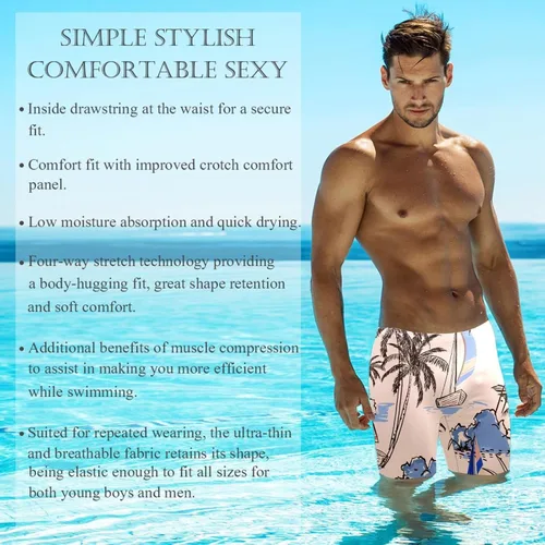Vista 4 de Mens Swim Trunks, Island with Boat Windsurf Palm Trss Printed Quick Dry Swimwear Bathing Suits Beach Short,S