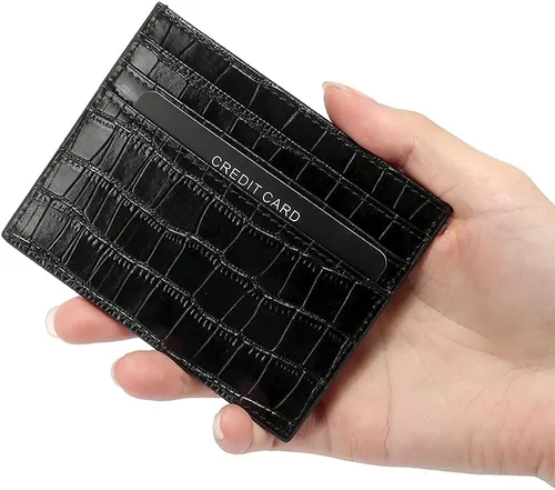 Vista 8 de Ultra delgado RFID titular de la tarjeta de crédito para hombres mujeres patrón de cocodrilo cuero suave banco tarjeta de visita monedero delgado