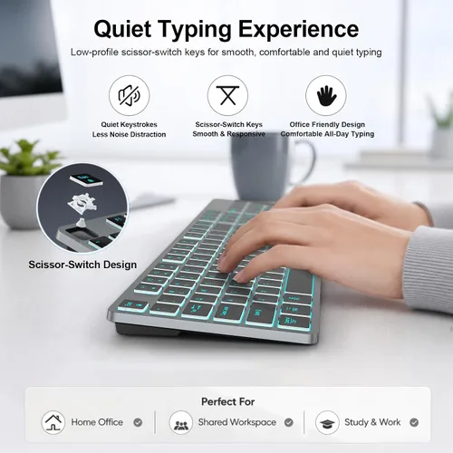 Vista 11 de Teclado inalámbrico silencioso y mouse retroiluminado, combo de teclado plano silencioso recargable, mouse Jiggle, mouse delgado inalámbrico de 2.4