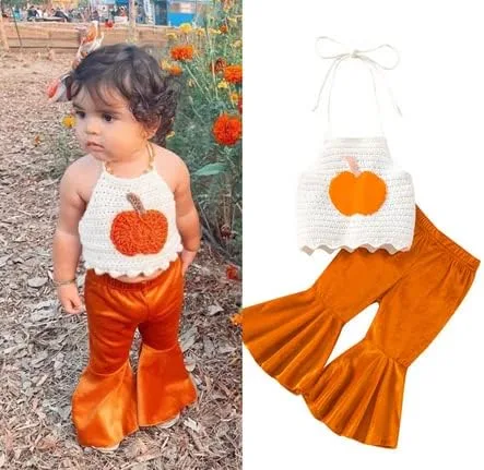 Vista 2 de Conjunto de 2 piezas de ropa de Halloween para niña de manga largahalter con estampado de calabaza