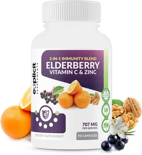 Vista 7 de Suplemento natural de baya de saúco, vitamina C y zinc, triple refuerzo de inmunidad, suministro extra fuerte para 3 meses, apoya la salud