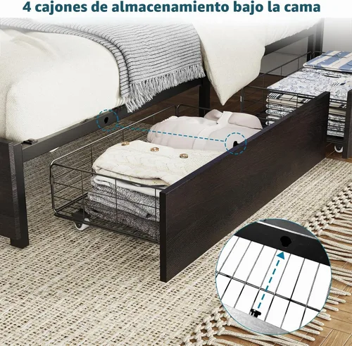 Vista 6 de Kiivakii Base de cama de tamaño matrimonial con cabecero, plataforma LED con 4 cajones de almacenamiento, estación de carga integrada, sin ruido