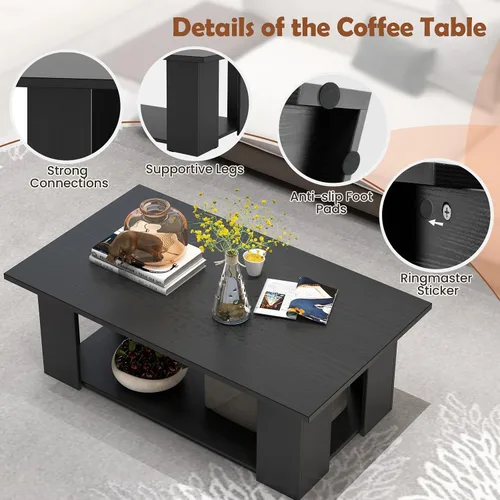Vista 5 de Giantex Mesa central rectangular de madera, mesa de té moderna grande de 41 pulgadas y 2 niveles con compartimento abierto, fácil montaje, mesa