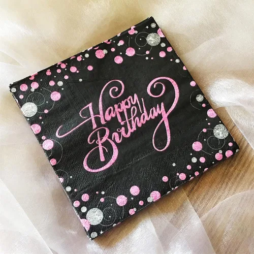 Vista 2 de Servilletas de papel desechables de feliz cumpleaños, color negro y rosa para adultos y niños, fiesta de cumpleaños, papel para bebidas, cóctel, 13