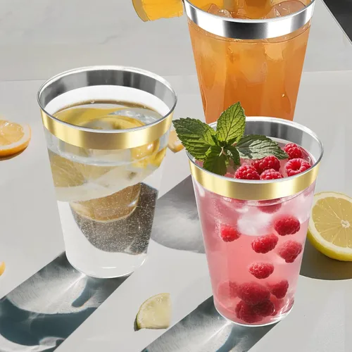 Vista 6 de Byvivace Vasos de plástico transparente de 12 onzas con borde dorado, resistentes y aptos para alimentos, desechables, copas de vino, copas de boda