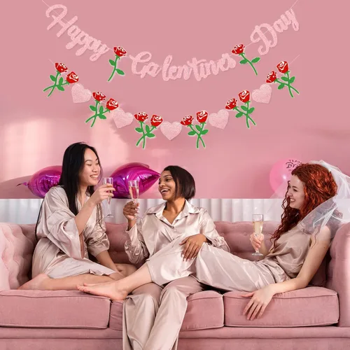 Vista 6 de Cartel de Feliz Día de Galentine – Decoración del Día de Galentine con purpurina rosa, pancarta de guirnalda de corazón rosa para damas, niñas