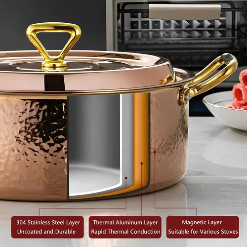 Vista 5 de YJX olla de 4.2QT con tapa martilleada, oro rosa de cobre, acero inoxidable tricapa, utensilio de cocina multifuncional para hornear, asar, guisar